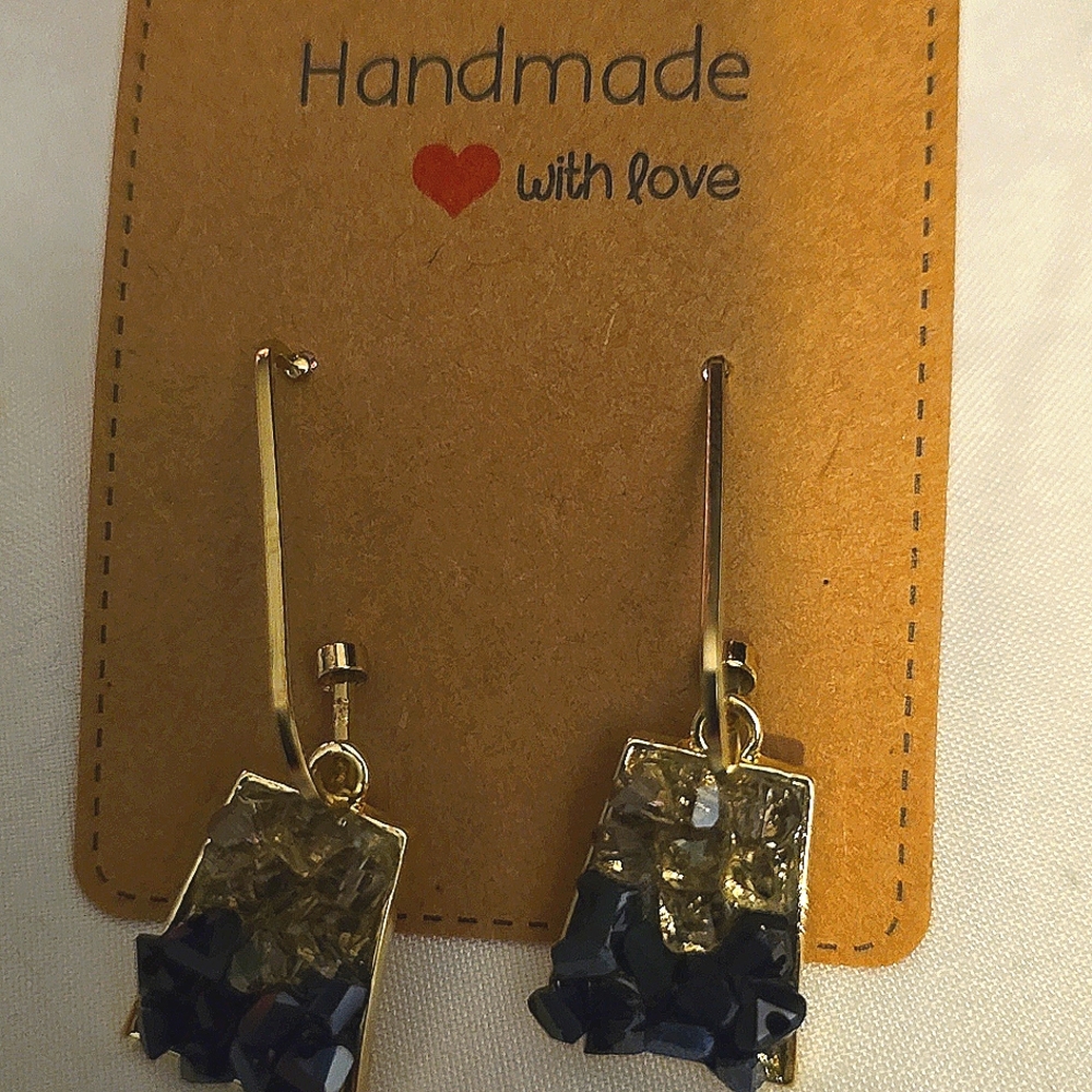 Gold and Black Stone Dangle Earrings